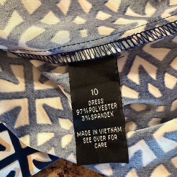 Alyx Navy Tan White Abstract Print Sheath Size 10 Cocktail Dress Knee Length Zip - Picture 5 of 12